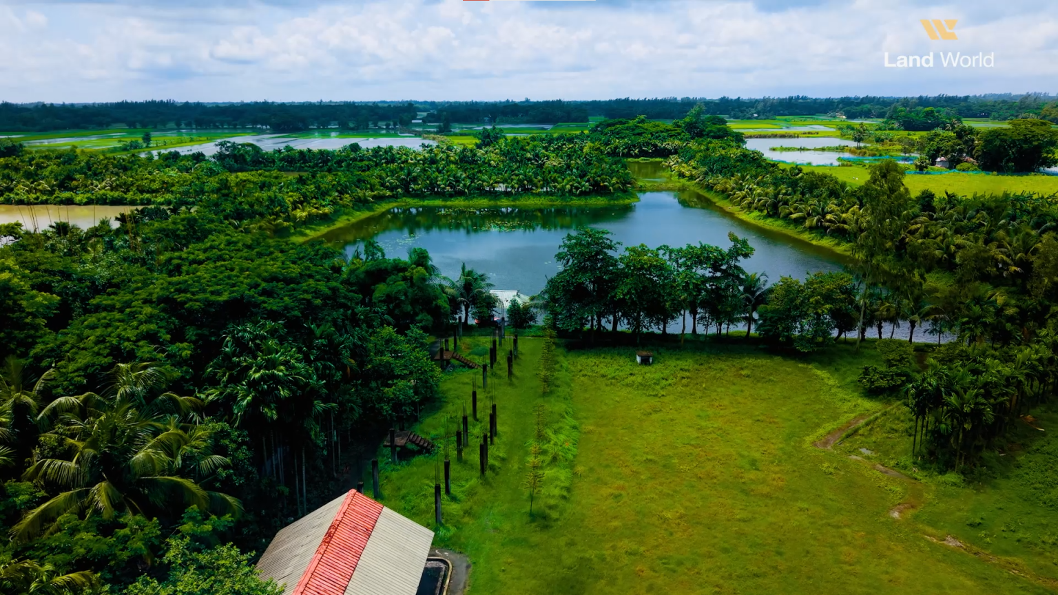 Open lawn and waterbody with a building at the edge