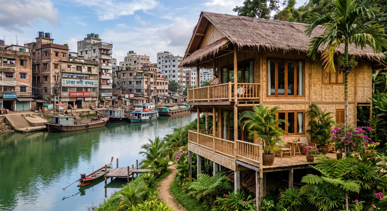 Concept visual of a raised bamboo house with a thatched roof and open verandahs beside a waterway