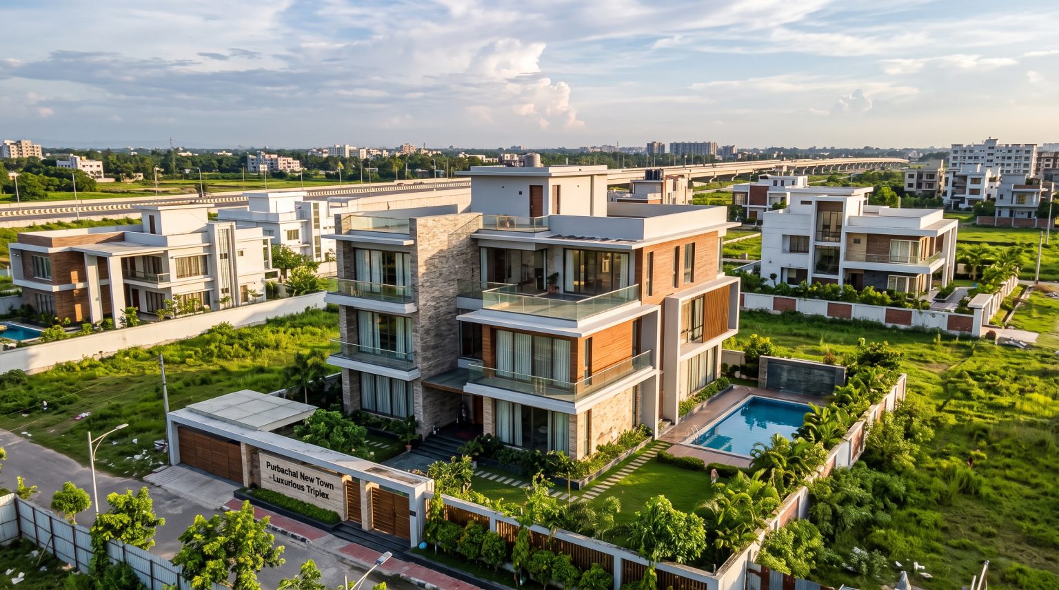 Concept visual of a triplex residence with balconies, a pool and a landscaped garden