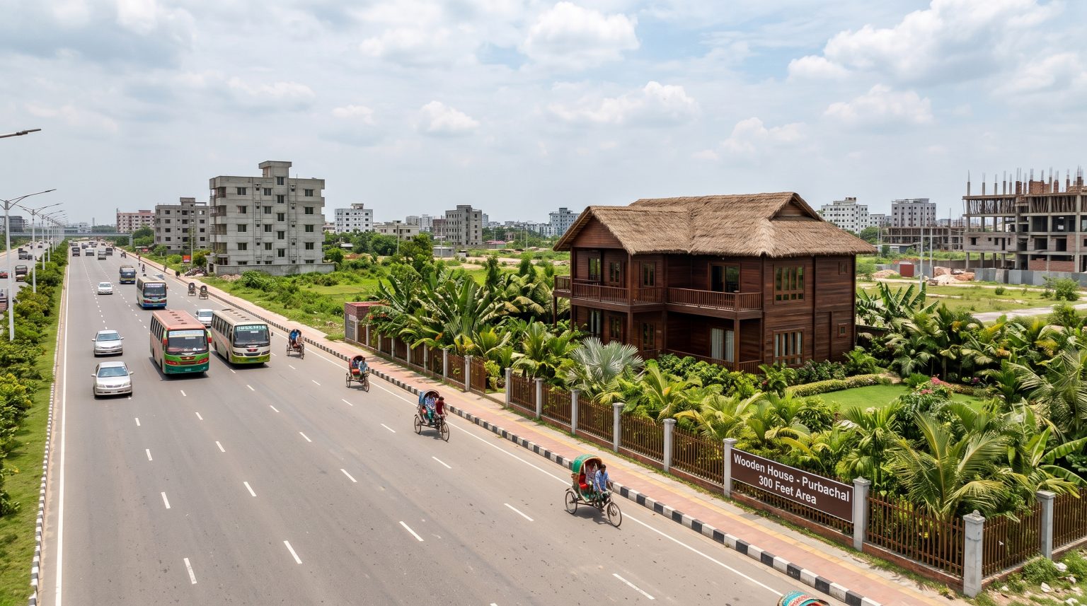 Concept visual of a two-storey wooden house with a thatched roof, set behind planting beside a main road